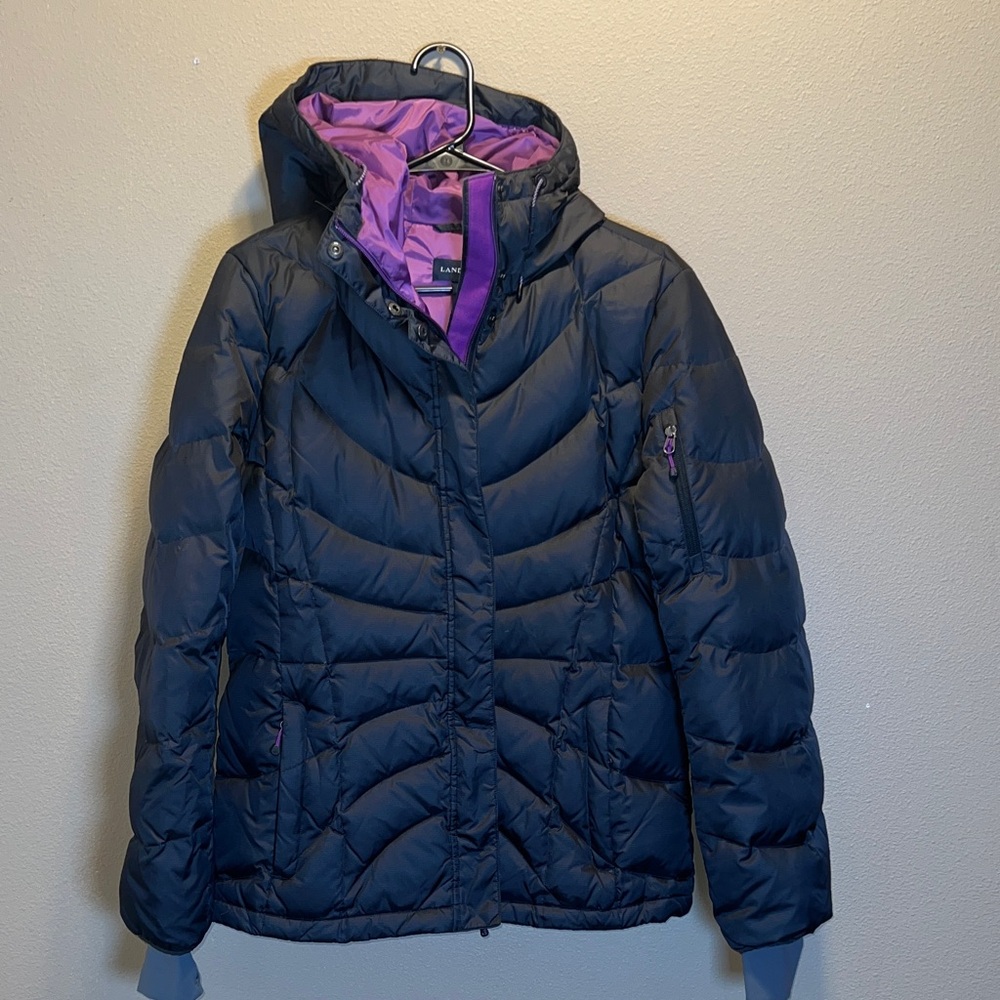 Lands' End Kids Big Girl Black Down Puffer Full Zip Jacket with Purple Lining M